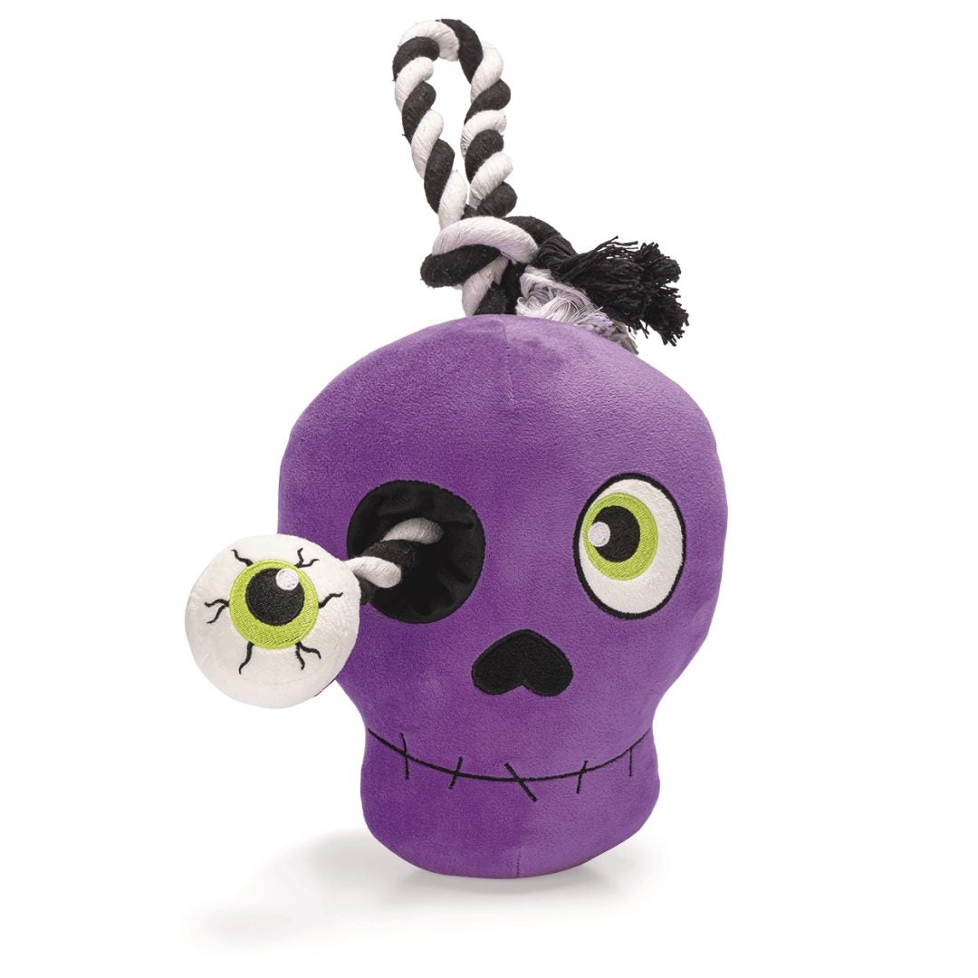 Beeztees Halloween Skull, fjólublá hauskúpa með bómullarkaðli