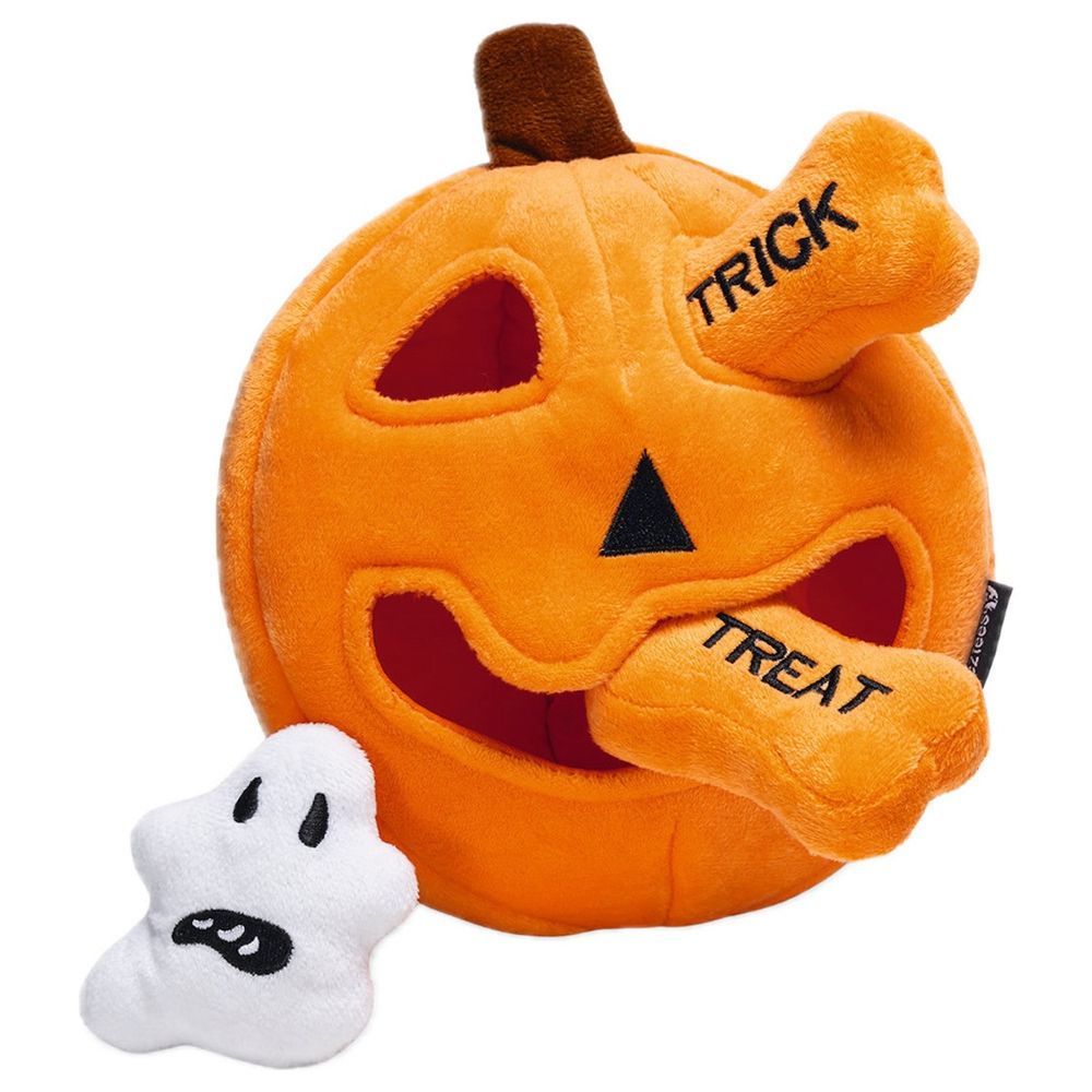 Beeztees Halloween Hide 'n Seek Pumpkin, mjúkt grasker með beini og draugi