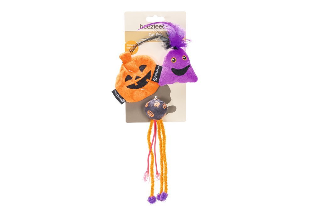 Beeztees Halloween Boeh, þrjú kattaleikföng: grasker, bolti og draugur