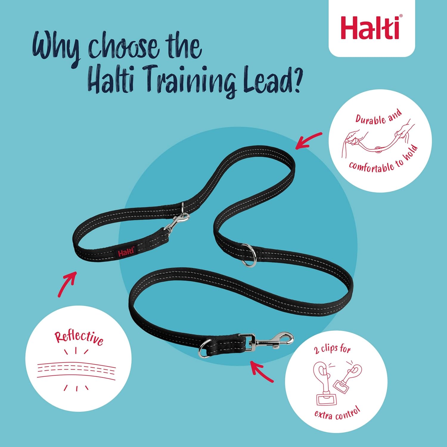 Halti Training Lead features — durable, reflective, 2 clips
